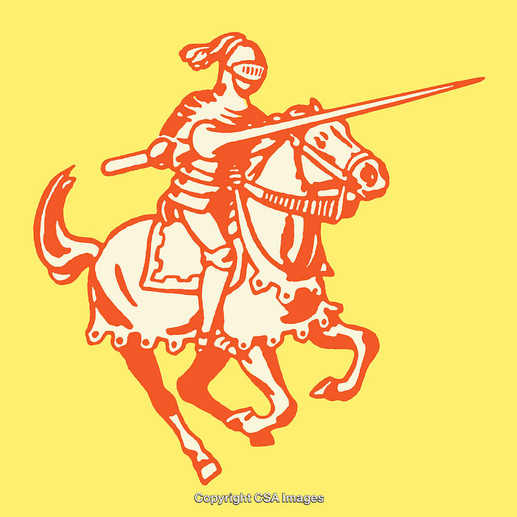 Medieval Knight in Armor Riding Horse with Lance in Color Line Art