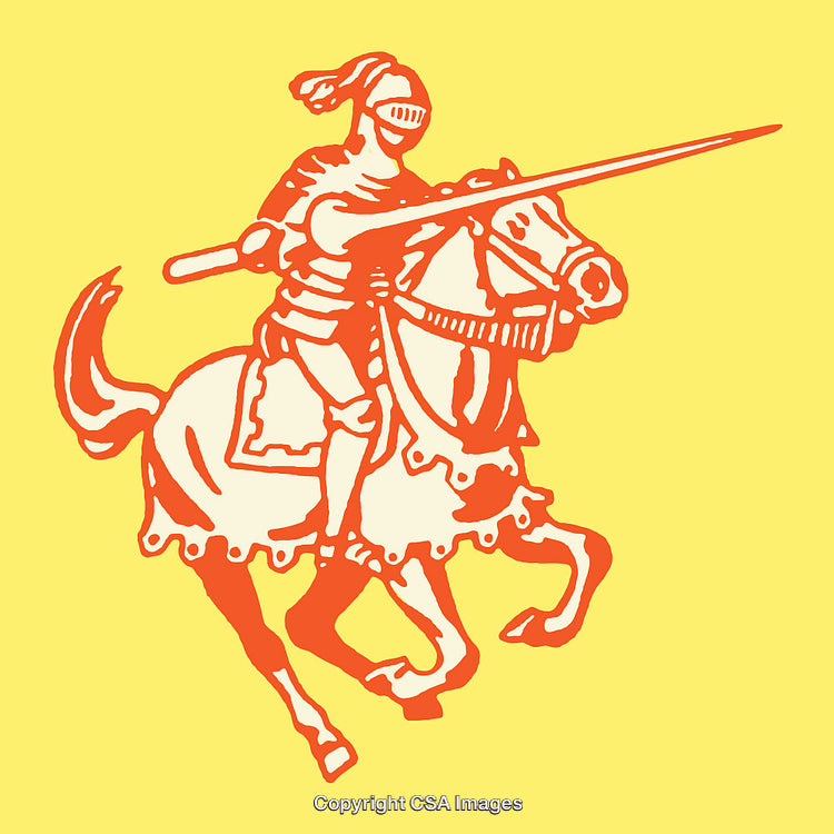 Medieval Knight in Armor Riding Horse with Lance in Color Line Art