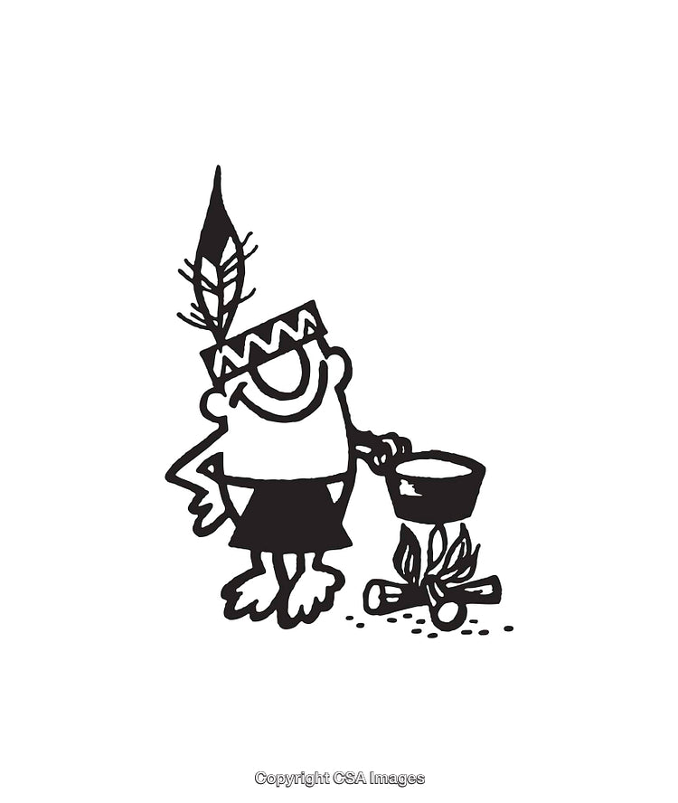 Whimsical Illustration of a Character by a Campfire in Black and White