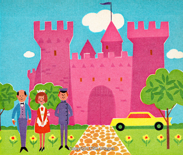 Whimsical Medieval Scene with Castle, Characters, and Car in Vibrant Colors