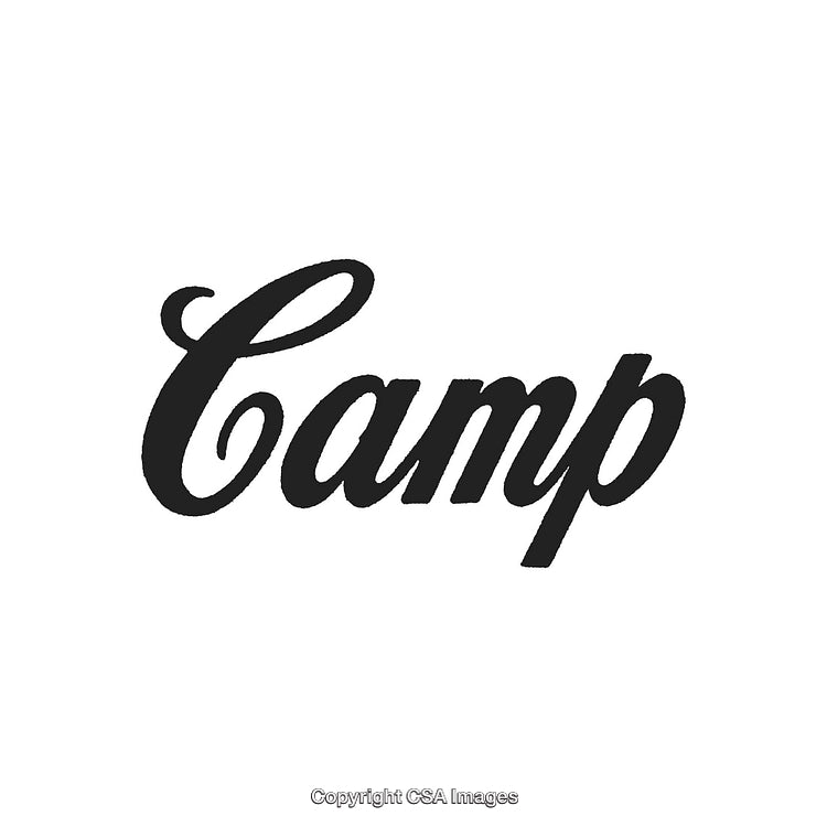 Elegant Script Logo With the Word Camp in Black on White Background