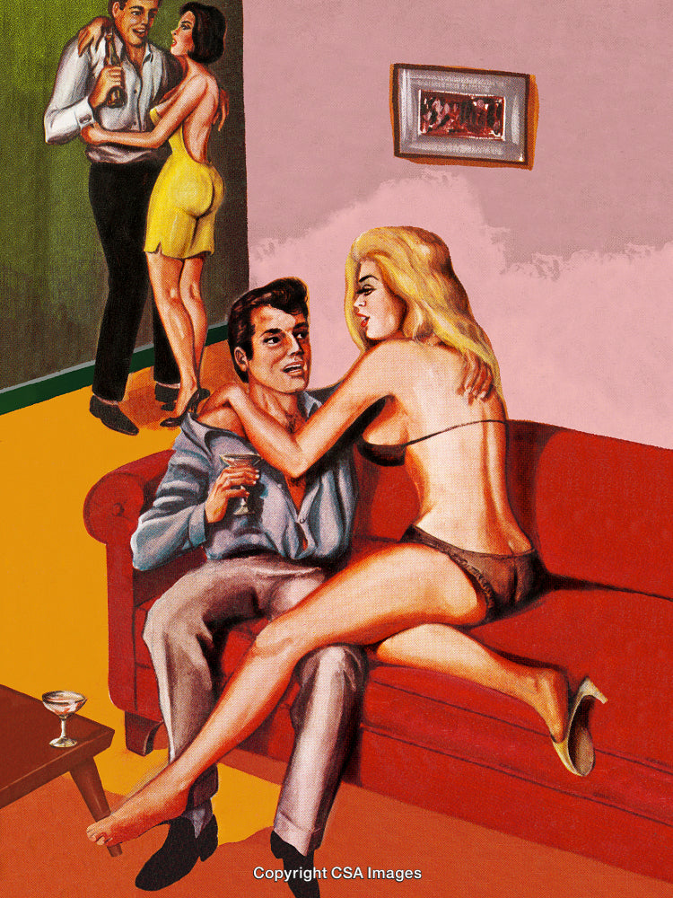 Retro Illustration of Party Scene with Couples Enjoying Drinks and Conversations