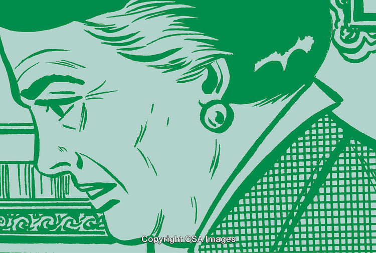 Vintage Style Green Toned Illustration Depicting a Thoughtful Elderly Woman