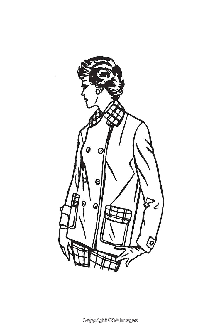 Elegant Woman in Vintage Double-Breasted Jacket with Pattern Details