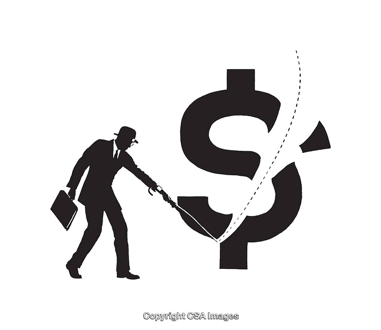 Businessman Illustrating Money Management Challenges with Dollar Symbol Line Art