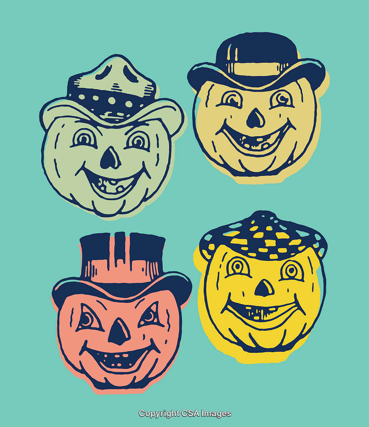 Colorful Line Art Pumpkins with Character Hats on Teal Background