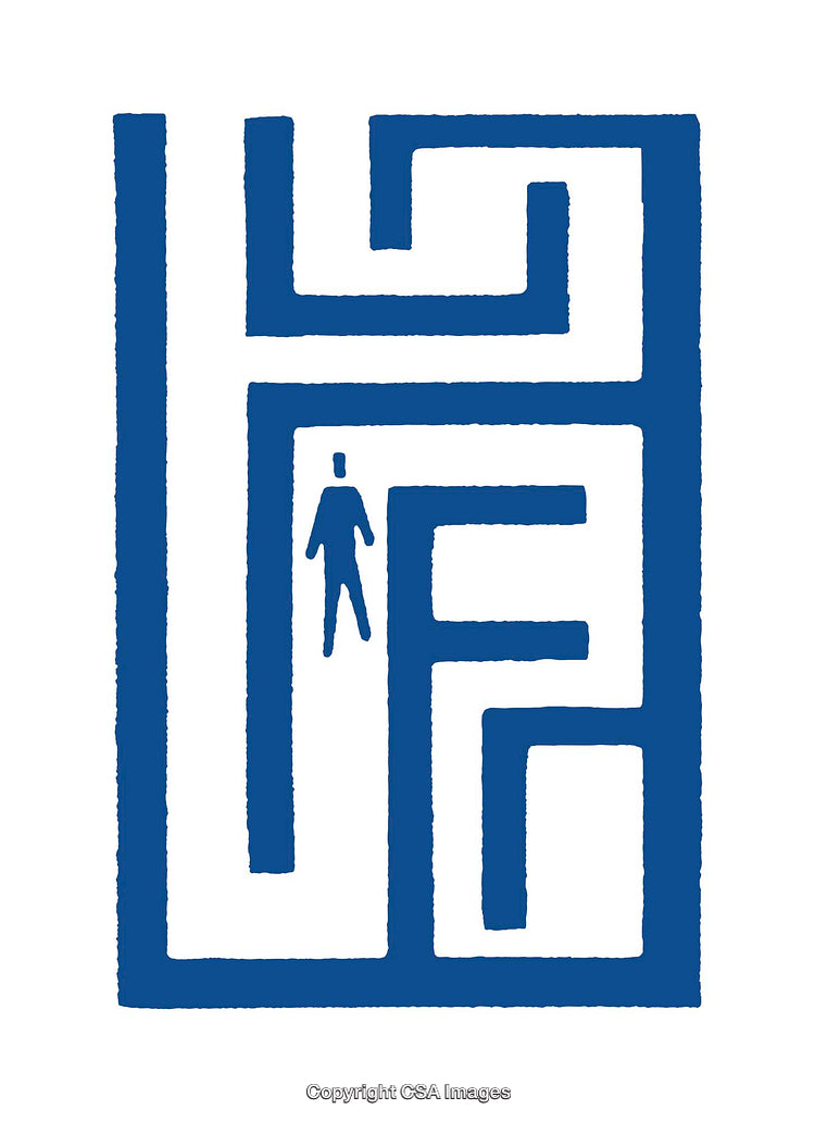 Minimalistic Blue Maze Design Representing Navigation and Challenges