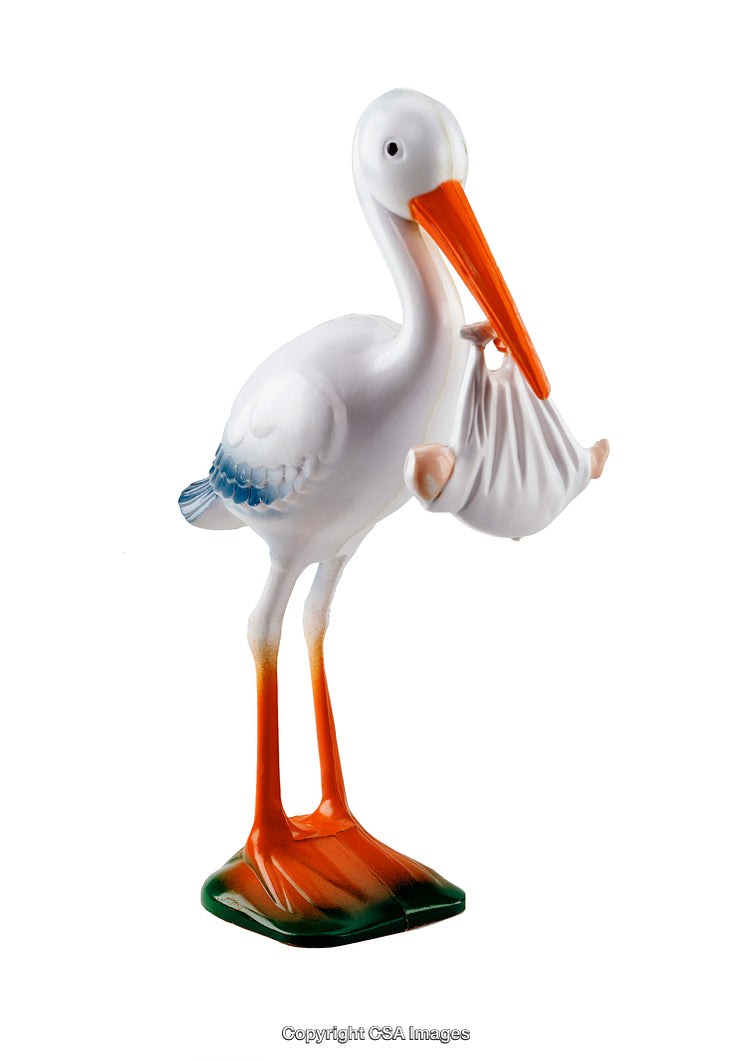 Colorful Stork Figure Carrying Baby Bundle Toy on White Background