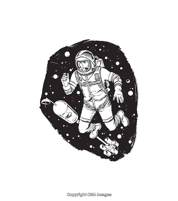 Detailed Black and White Line Drawing of an Astronaut in Space