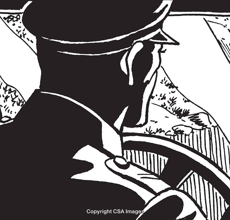 Monochrome Illustration of a Driver in Perspective With Scenic Background Details