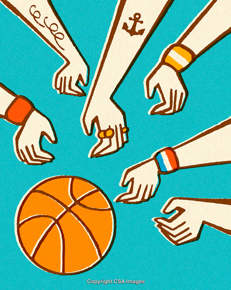Artistic Illustration of Hands Reaching for Basketball on Blue Background