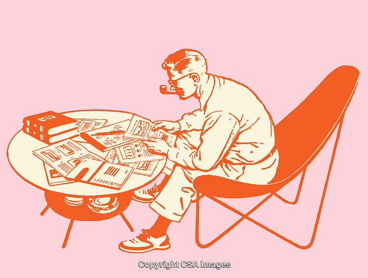 Vintage Illustration of a Man Reading at a Table in a Minimal Setup