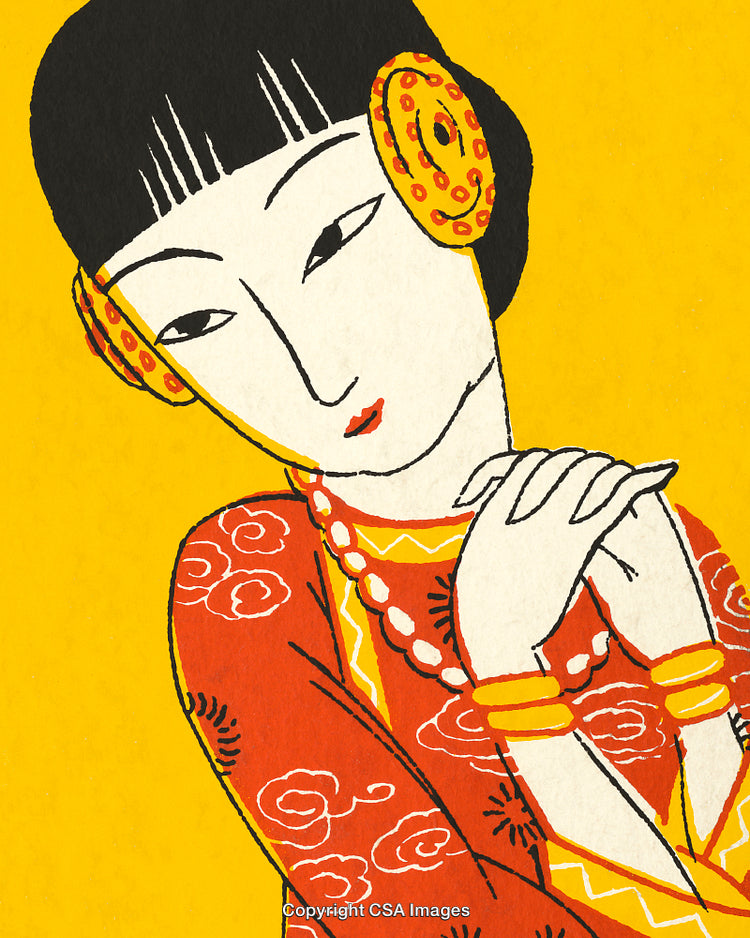 Elegant Asian Woman Illustration with Vibrant Yellow Background and Red Attire