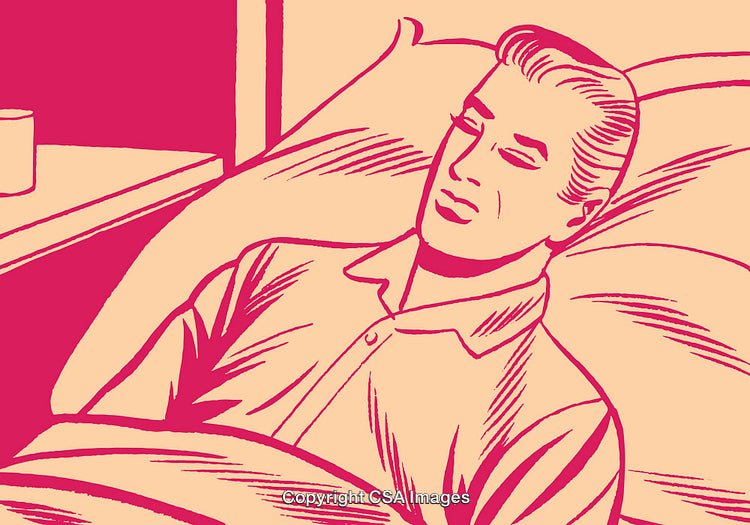 Illustration of a Man Resting in Bed with Stylized Retro Design