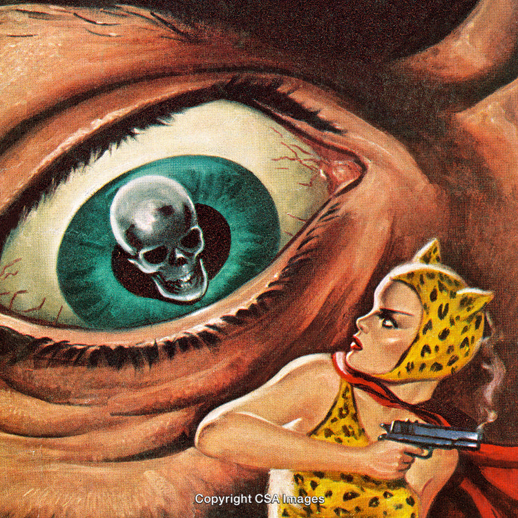 Surreal Illustration of Eyeball Reflecting Skull with Woman Holding Gun