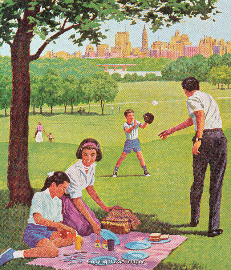 Family Enjoying a Sunny Picnic and Outdoor Activities in a Beautiful Park