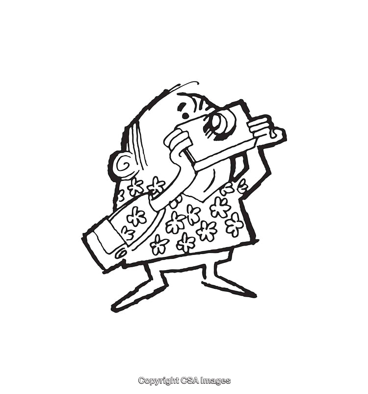Cartoon Tourist Holding a Camera and Capturing Photos in Black and White