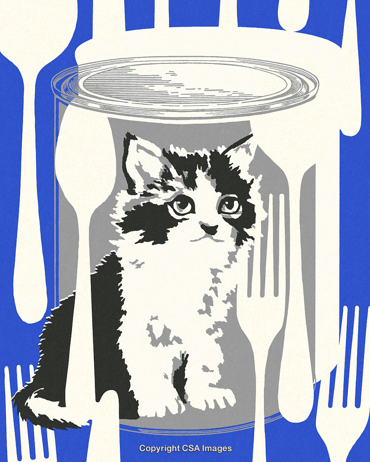 Graphic Art Depicting a Cat Surrounded by Forks in a Pop Art Style