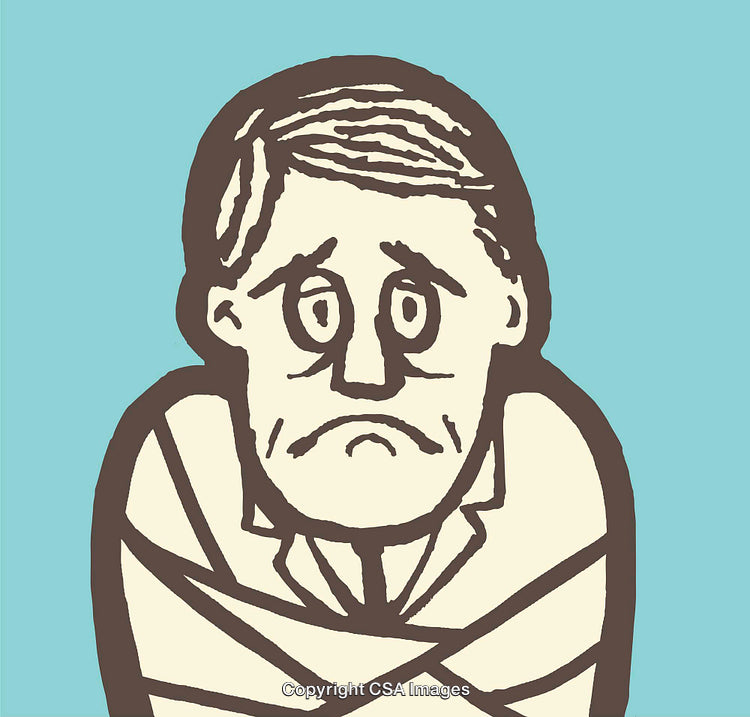 Sad Cartoon Man Wrapped In Bandages on Blue Background Illustration