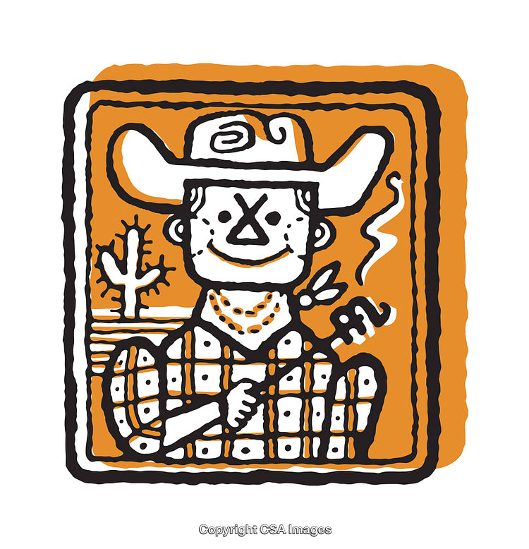Colorful Illustration of a Cartoon Cowboy with Western Themes