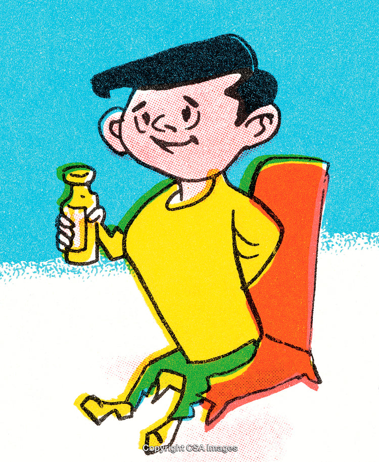 Colorful Illustration of a Happy Child Sitting and Holding a Bottle
