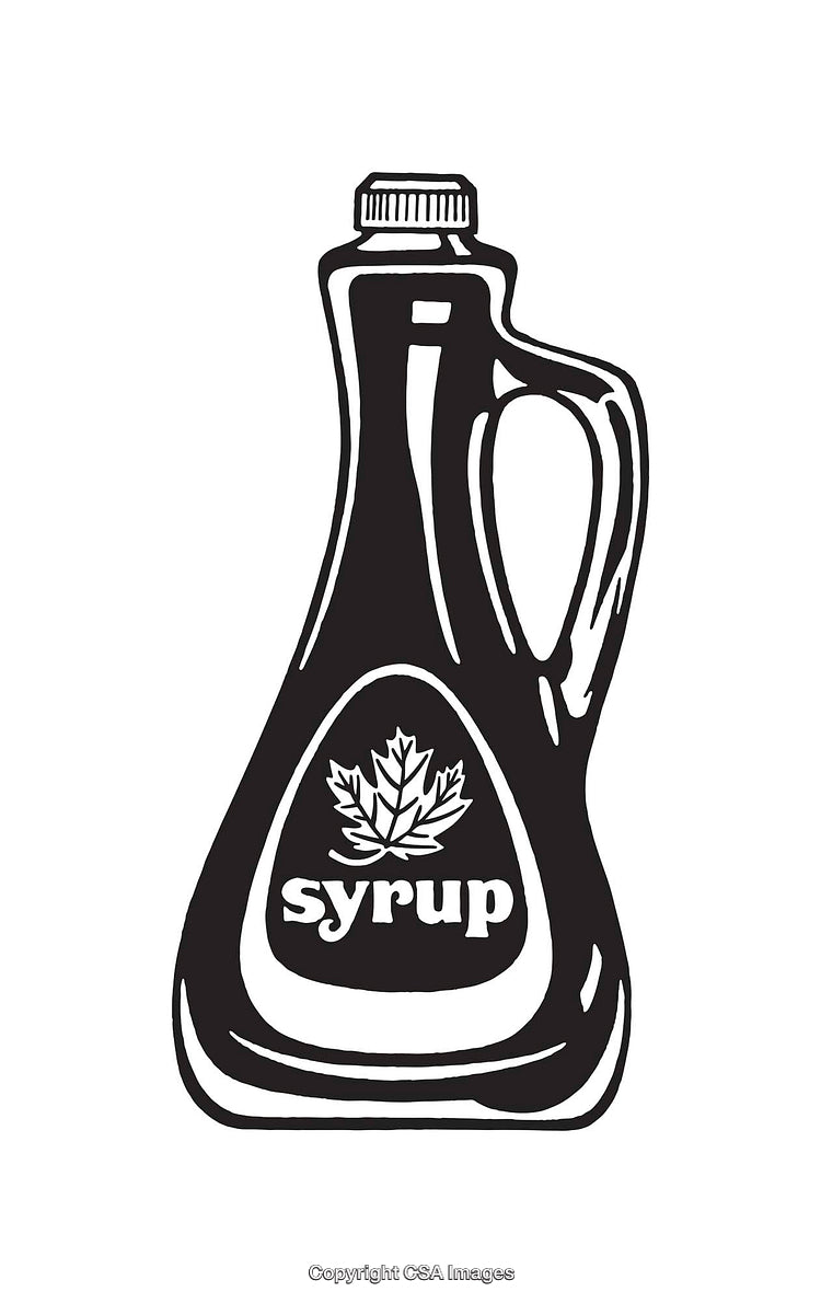Black and White Illustration of a Maple Syrup Bottle with Leaf Emblem