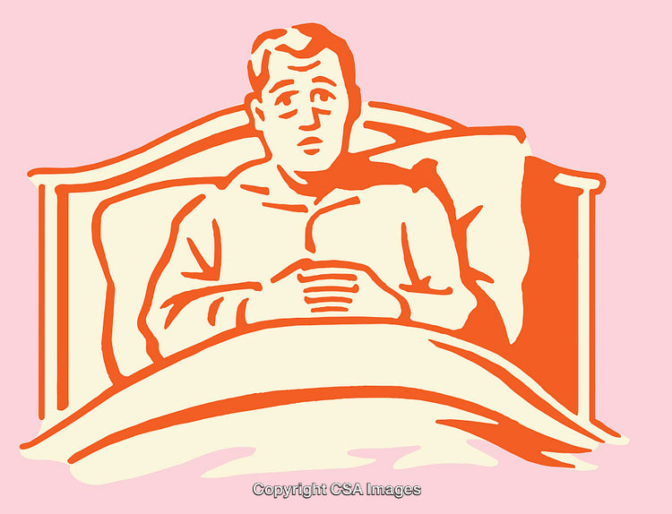 Person Sitting in Bed Rendered in Vintage Colorful Line Art Style