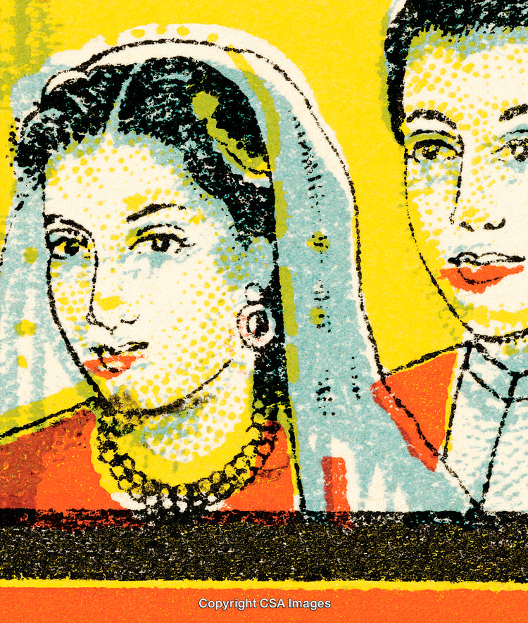 Retro Style Illustration of a Couple in Traditional Attire on Yellow Background