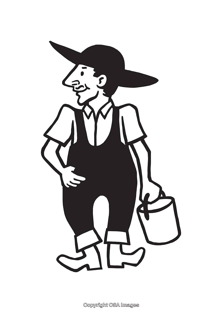 Black and White Cartoon Farmer Line Art Holding a Pail in One Hand
