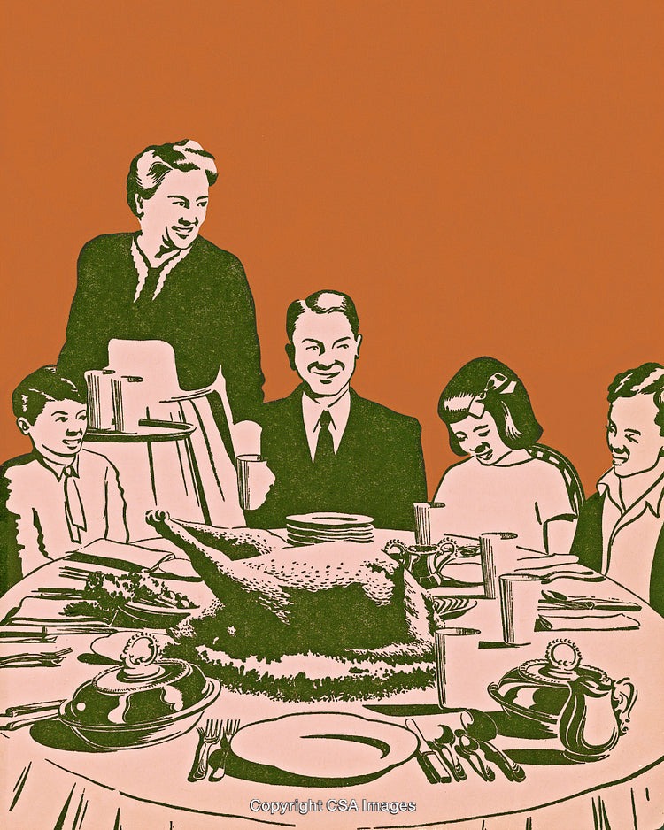 Vintage Family Gathering Around Thanksgiving Dinner Table with Roast Turkey