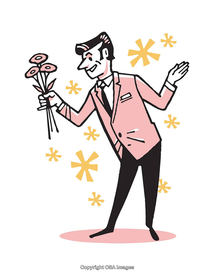 Retro-Styled Cartoon Man Holding Flowers in a Pink Tuxedo