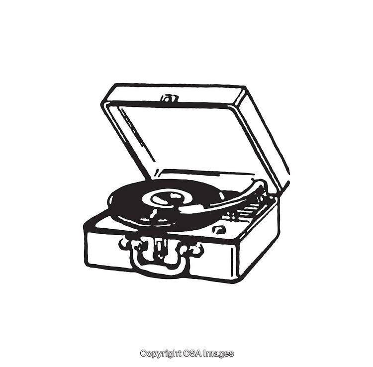 Vintage Portable Record Player in Black and White Line Art Style