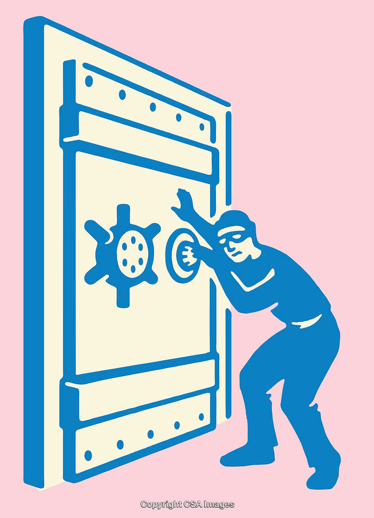 Illustration of a Burglar Opening a Large Bank Vault Door