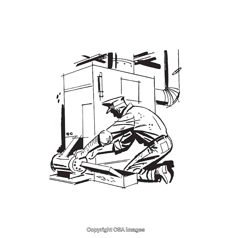 Worker Installing a Mechanical Component in a Black and White Illustration