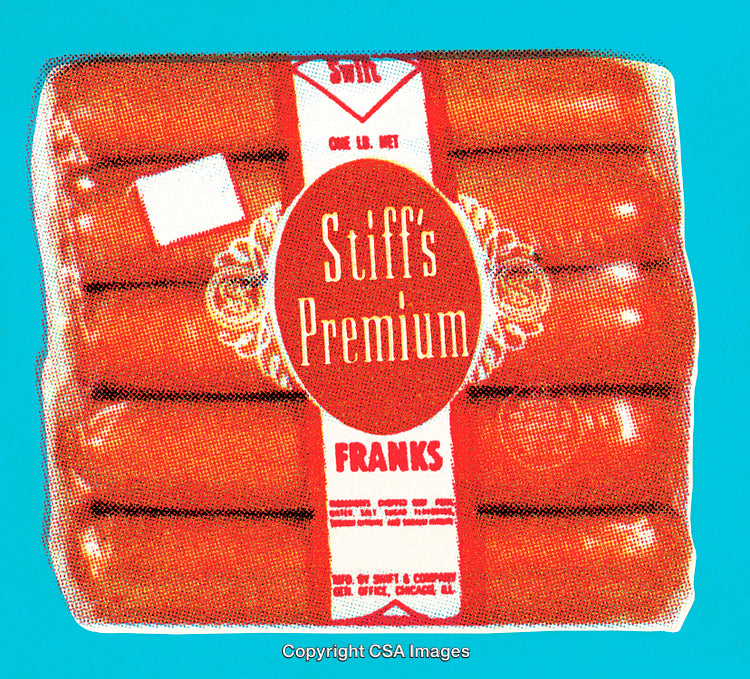 Retro Illustrated Packaging for Stiff's Premium Franks on Blue Background