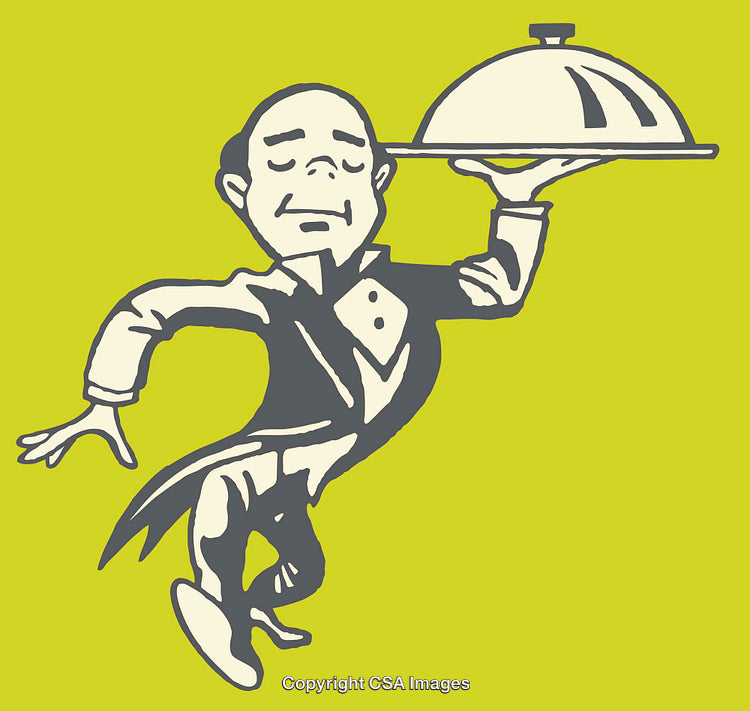 Elegant Line Art Illustration of a Waiter Holding a Covered Serving Platter