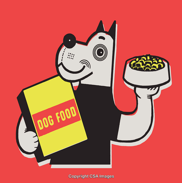 Cheerful Dog Cartoon Holding Dog Food Package and Bowl Illustration