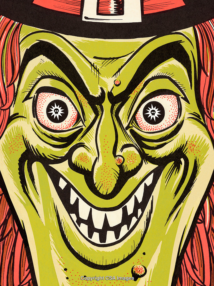 Colorful Illustration of a Spooky Grinning Witch with Dramatic Features
