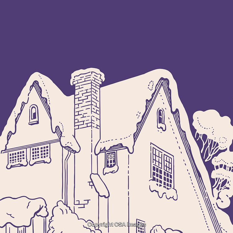 Snow-Covered Cottage in Winter, Color Line Art Illustration