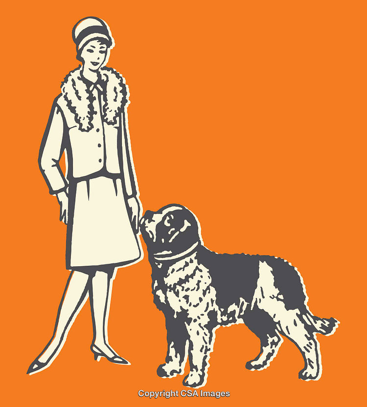 Vintage Illustration of a Stylish Woman with Her Loyal Dog Companion