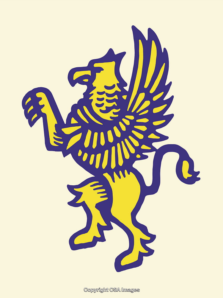 Stylized Yellow Griffon Illustration with Blue Lines on a Neutral Background