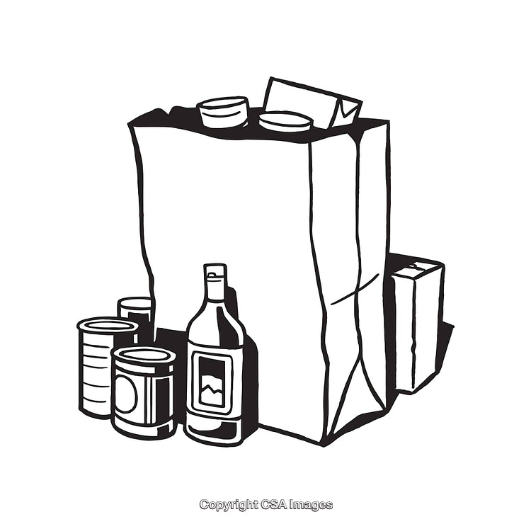 Black and White Line Art of Grocery Bag with Various Items
