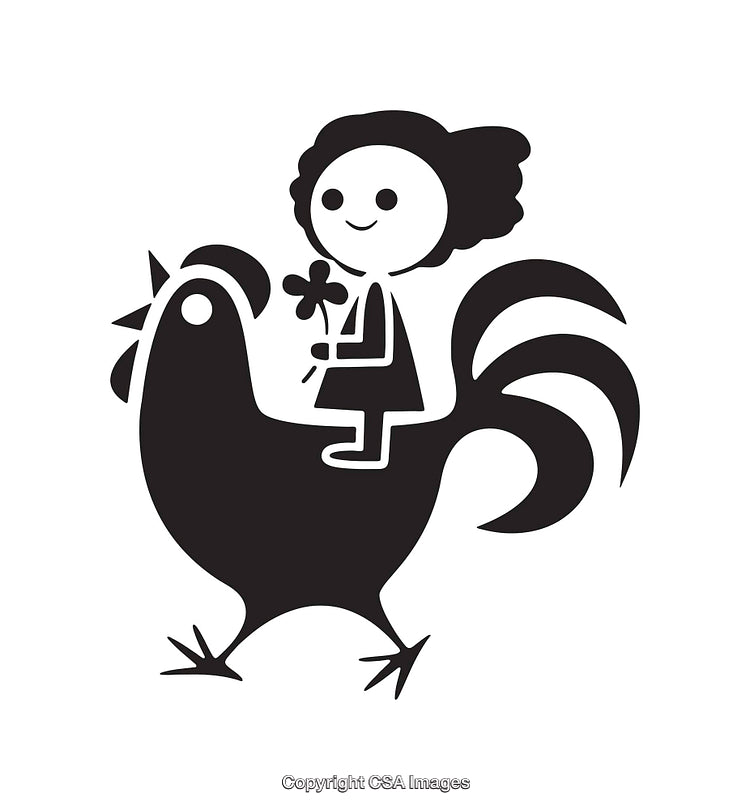 Whimsical Illustration of Girl Riding Rooster Holding a Flower