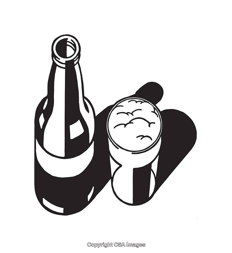Minimalist Black And White Line Art of Beer Bottle and Glass