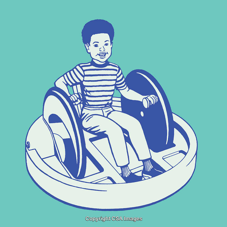 Young Boy Operating a Fun Ride in Colorful Line Artwork