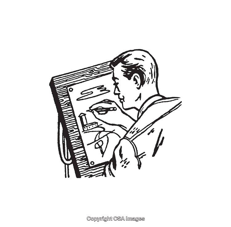 Vintage Line Art Illustration of a Man Creating Artwork on a Board