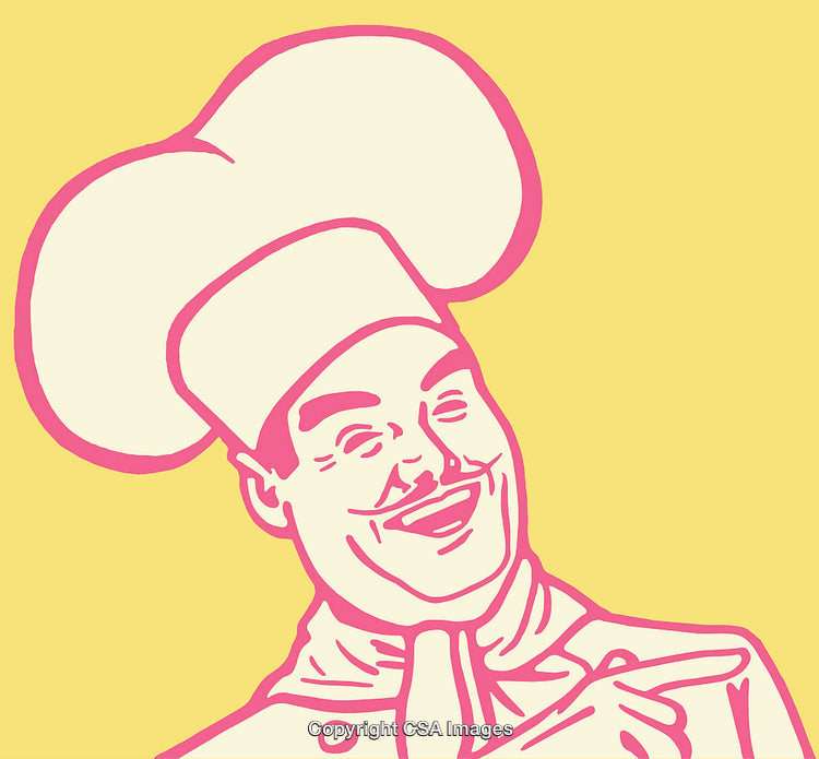 Retro Chef Illustration in Yellow and Pink Line Art Style