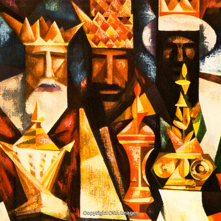 Abstract Artistic Depiction of Three Kings Bearing Gifts in a Vibrant Setting