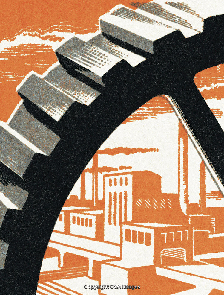 Industrial Gear With Factory Illustration in Vintage Graphic Style