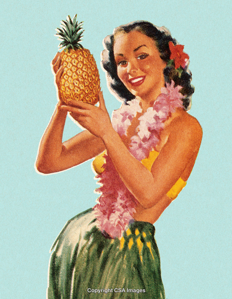 Retro Illustration of Hawaiian Woman Holding a Pineapple with Tropical Style